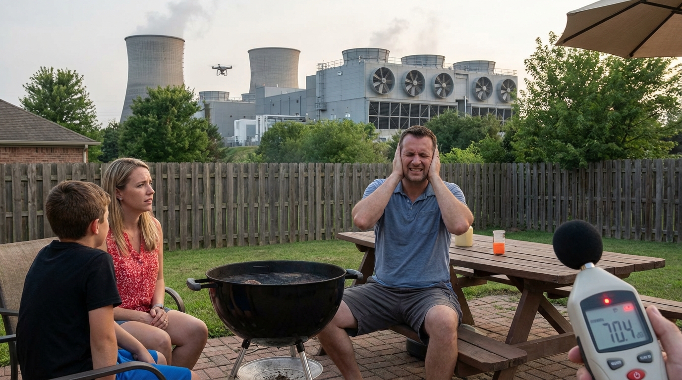Industrial cooling fans for a data center creating noise pollution near a playground.