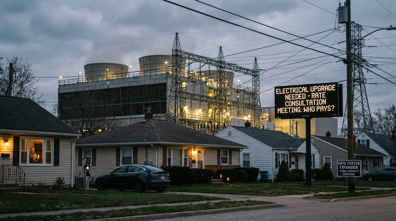 High voltage power lines contrasted with a suburban home illustrating energy consumption issues.