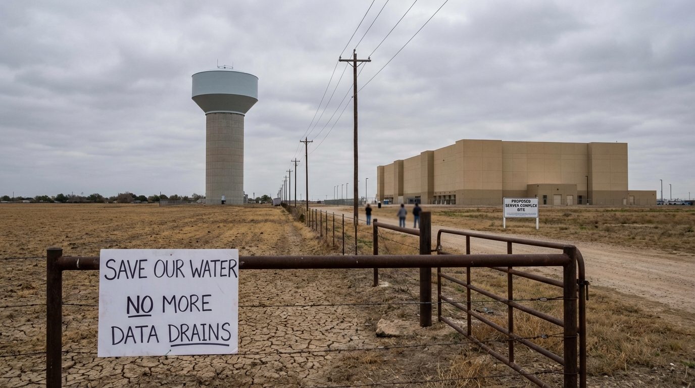 Aerial view showing the contrast between a water-intensive data center and dry surrounding land.