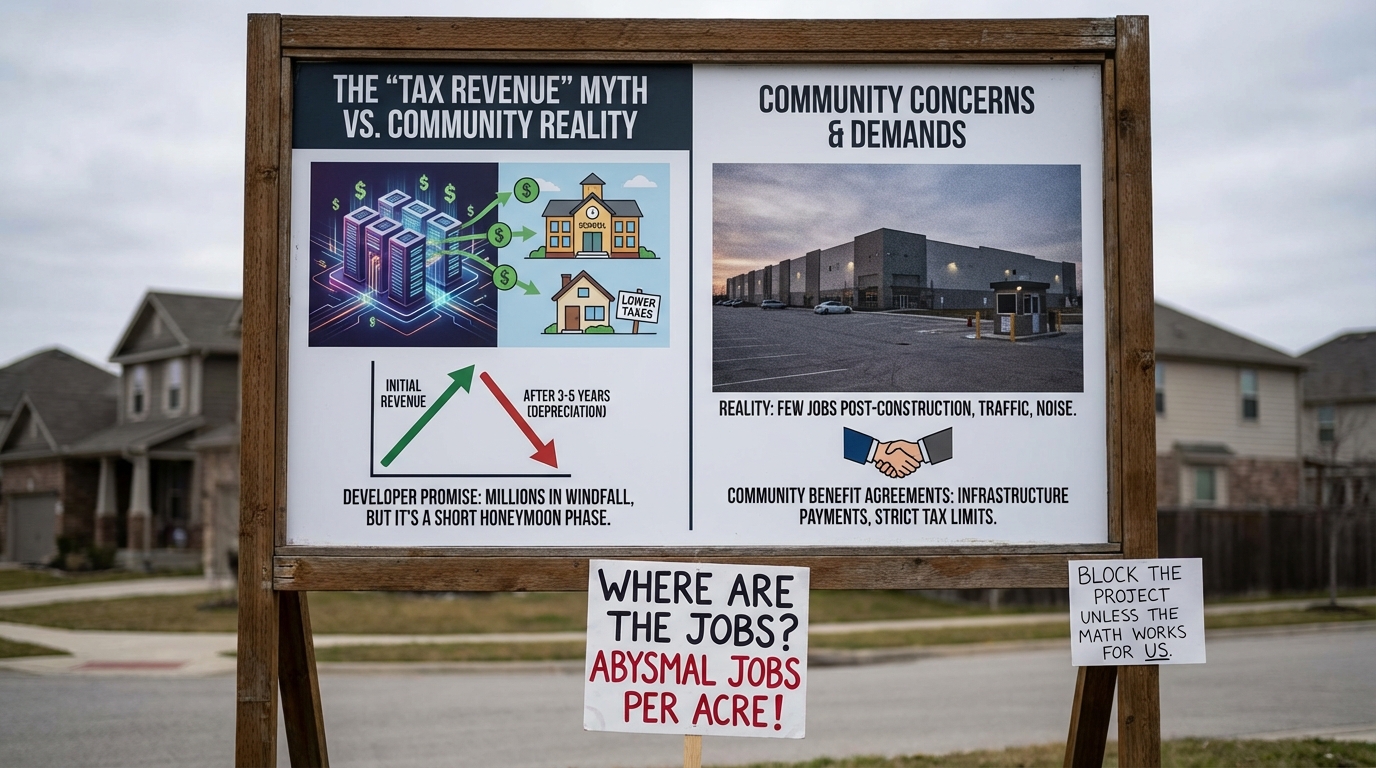 A concerned resident holding a graph at a town hall meeting about data center pros and cons.