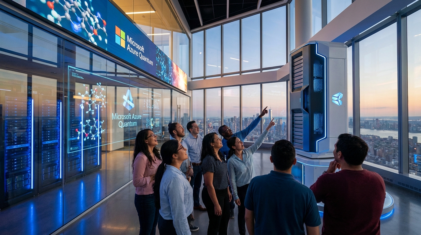 Glowing quantum computer chandelier integrated into a modern futuristic Microsoft Azure cloud server room