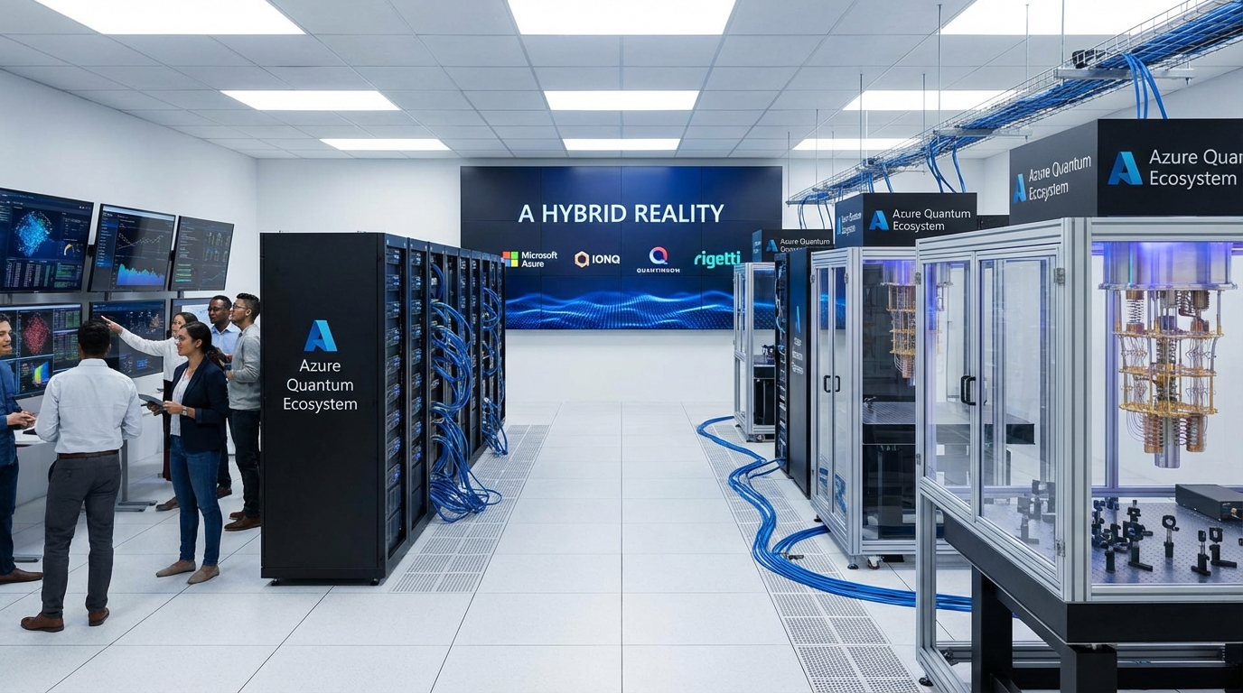 Visual representation of a hybrid cloud blending traditional server racks with advanced quantum processors