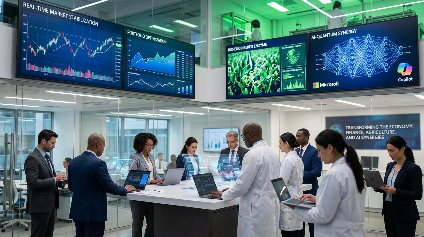 Split screen showing high-tech financial graphs and a futuristic vertical greenhouse connected by blue data streams