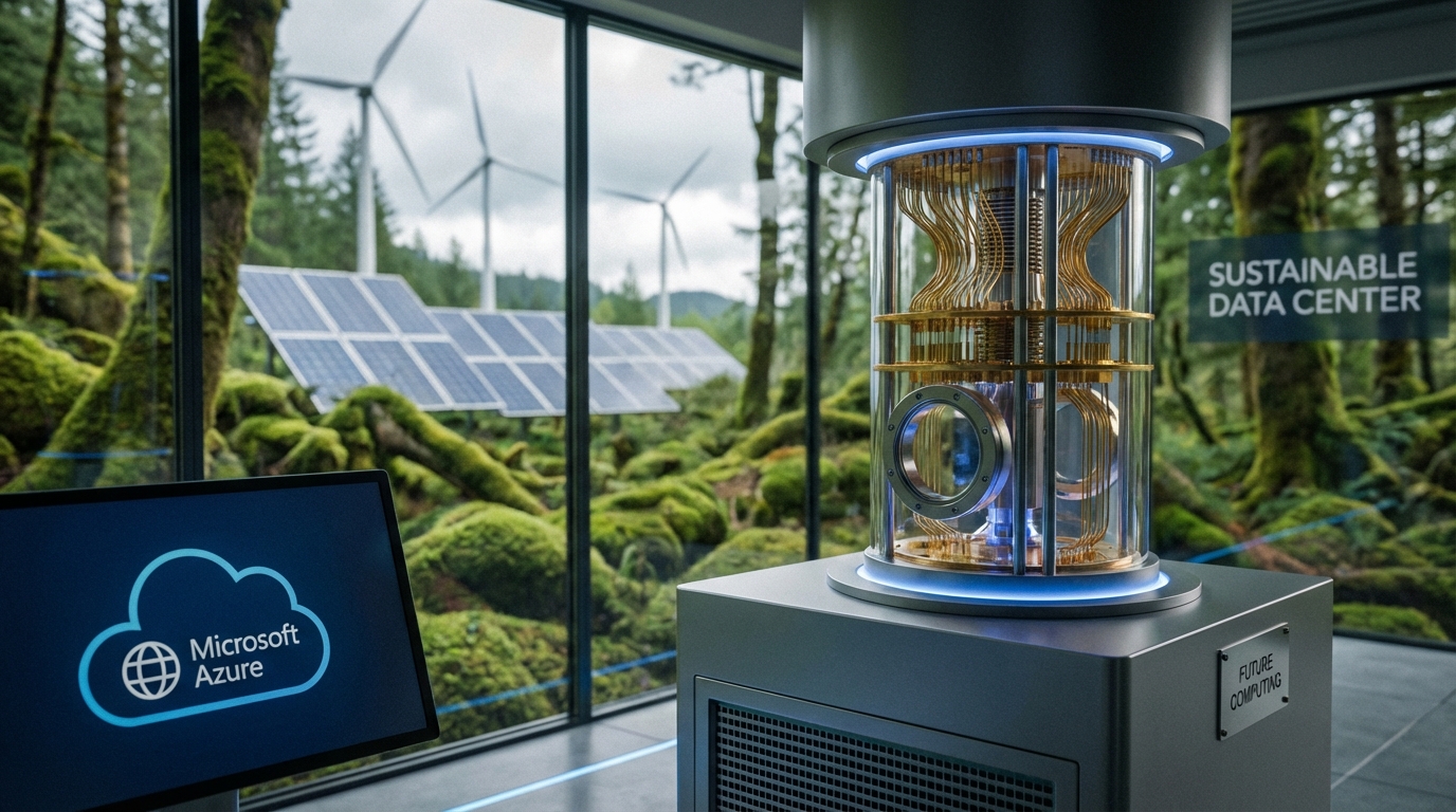 Eco-friendly modern glass data center situated in a lush green natural landscape with glowing geometric patterns