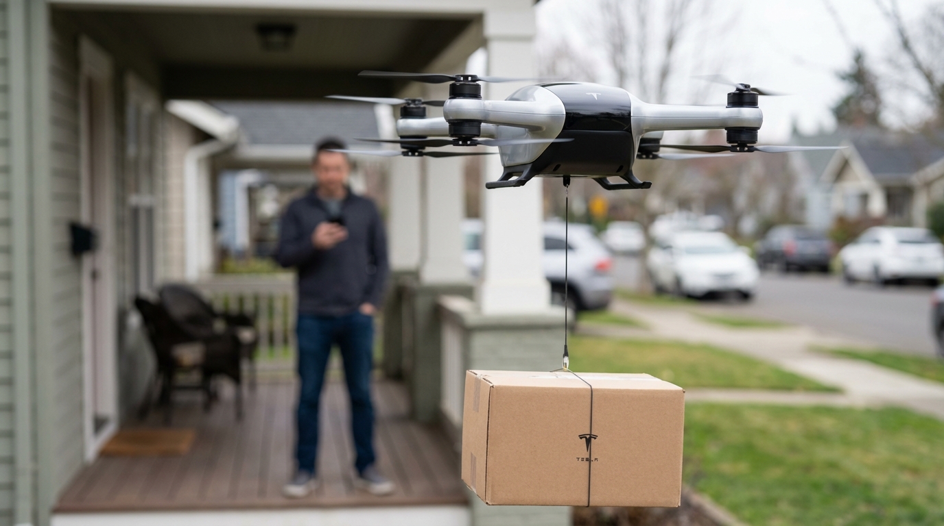 Sleek matte-silver autonomous drone delivering a package on a modern suburban porch