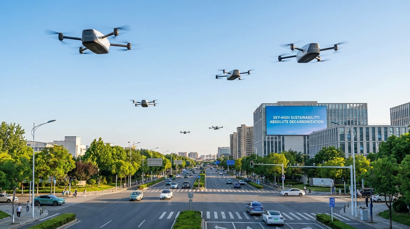 Drone carrying a package flying efficiently above heavily congested city traffic