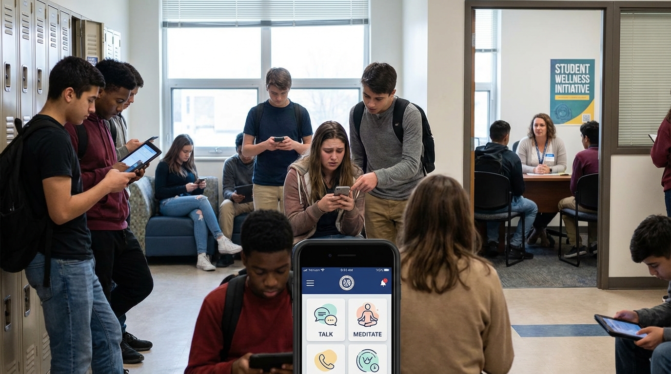 High school student looking thoughtfully at a mental health tracking app on a smartphone in a school hallway.