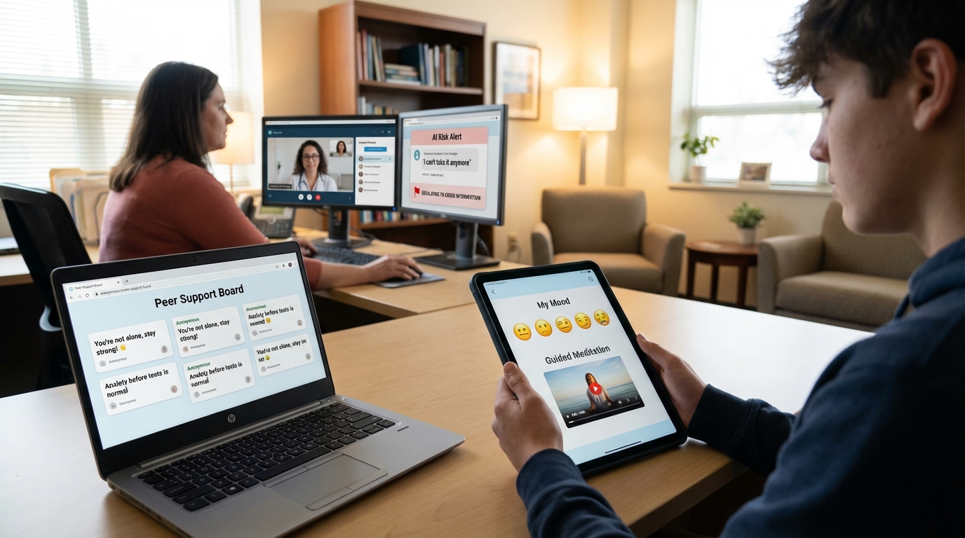 Close-up over the shoulder shot of a teenager using a mental health and mood tracking application on their smartphone.