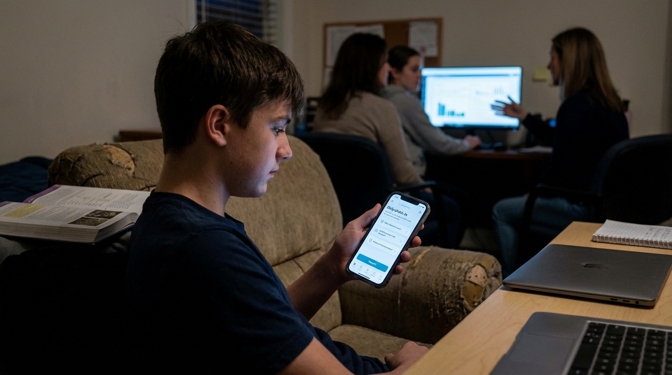 School counselor carefully reviewing anonymized student wellness data and analytics on a tablet.