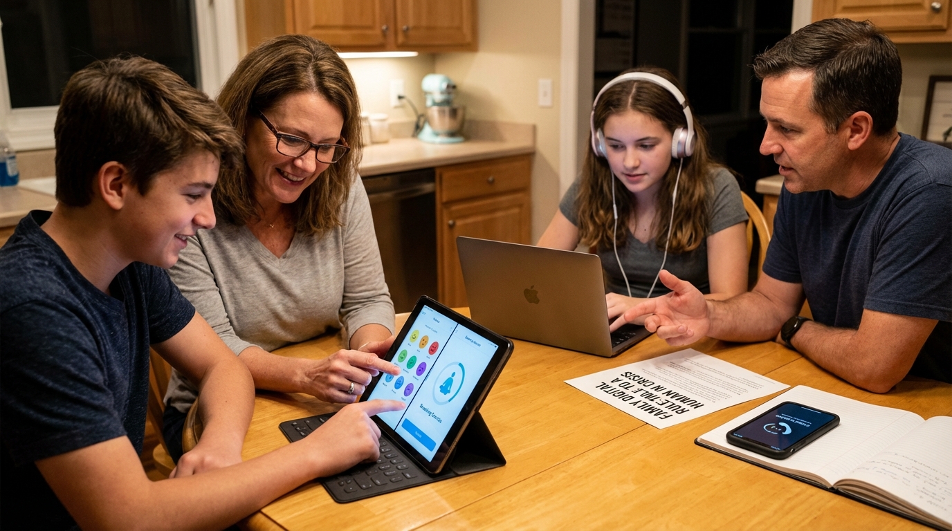 Parent and teenager sitting on a sofa, having a healthy and supportive conversation while looking at a smartphone together.