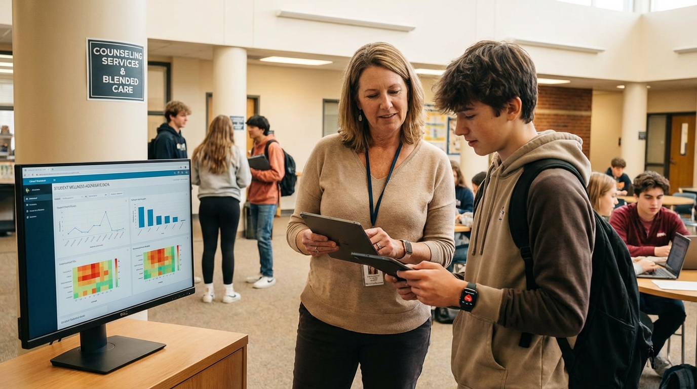 A symbolic rendering of a smartphone blending into a human hand, representing the balance of technology and human care.