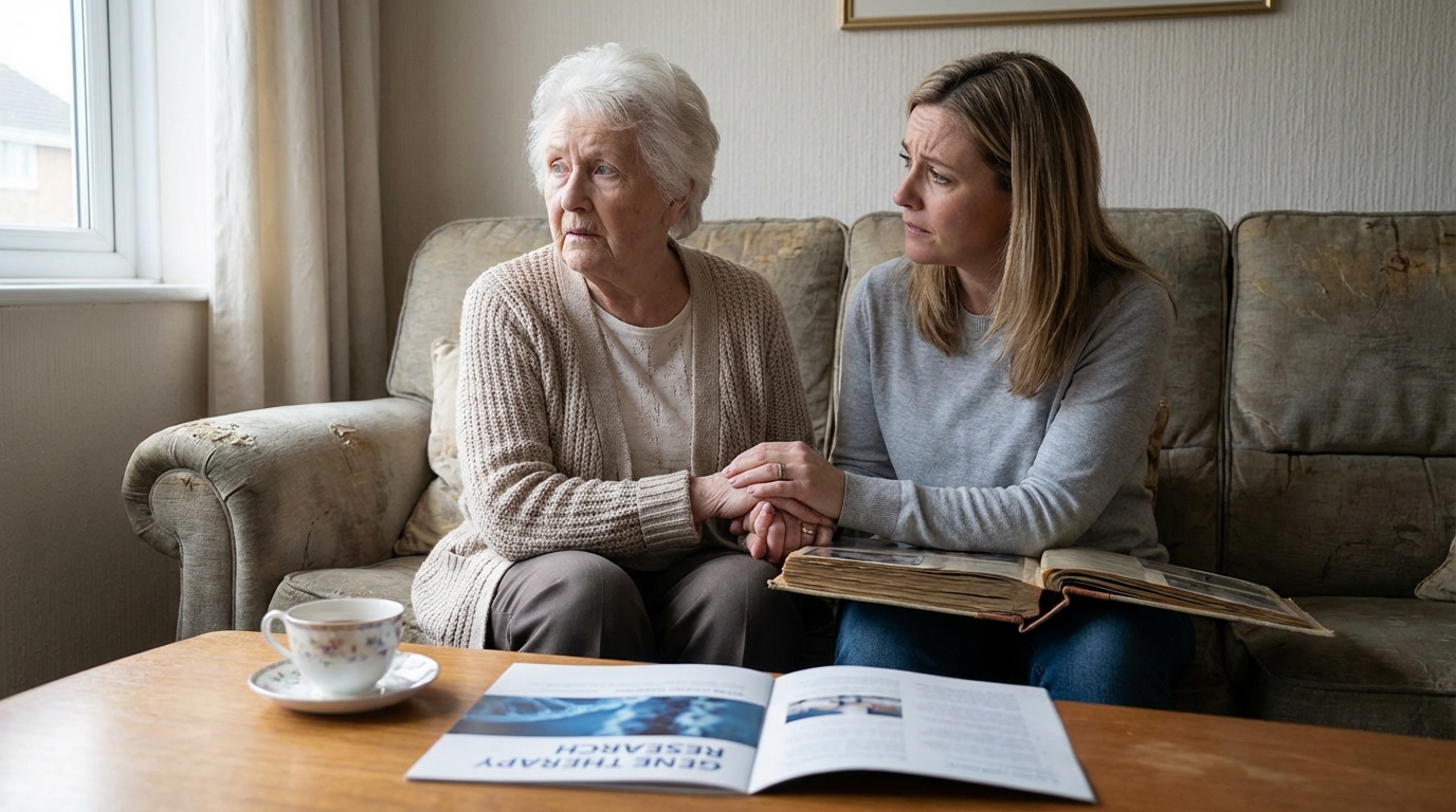 Middle aged woman and senior woman holding hands over a cup of tea showing deep emotional connection