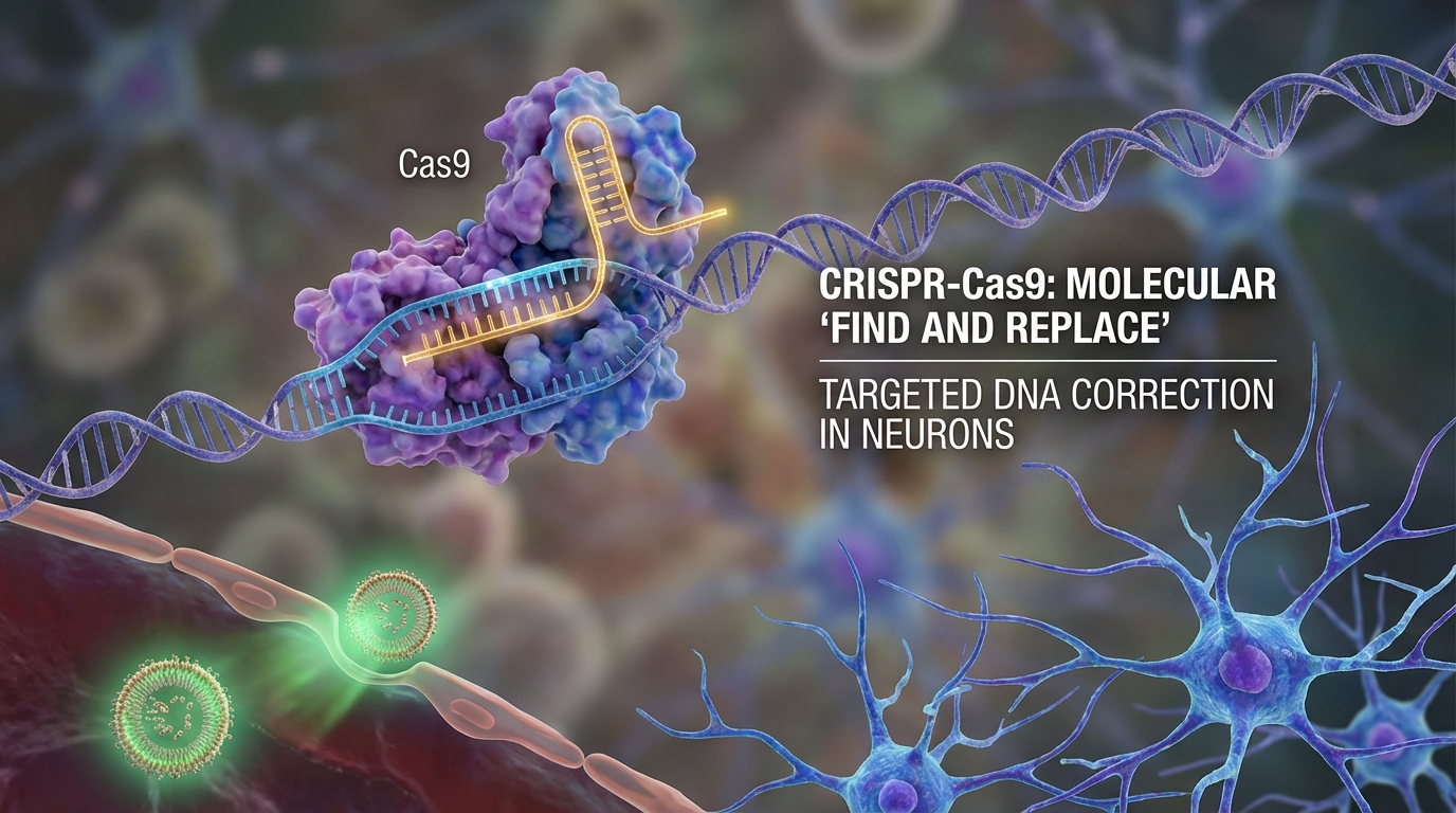 Glowing DNA strand being edited by a microscopic beam of light representing CRISPR technology