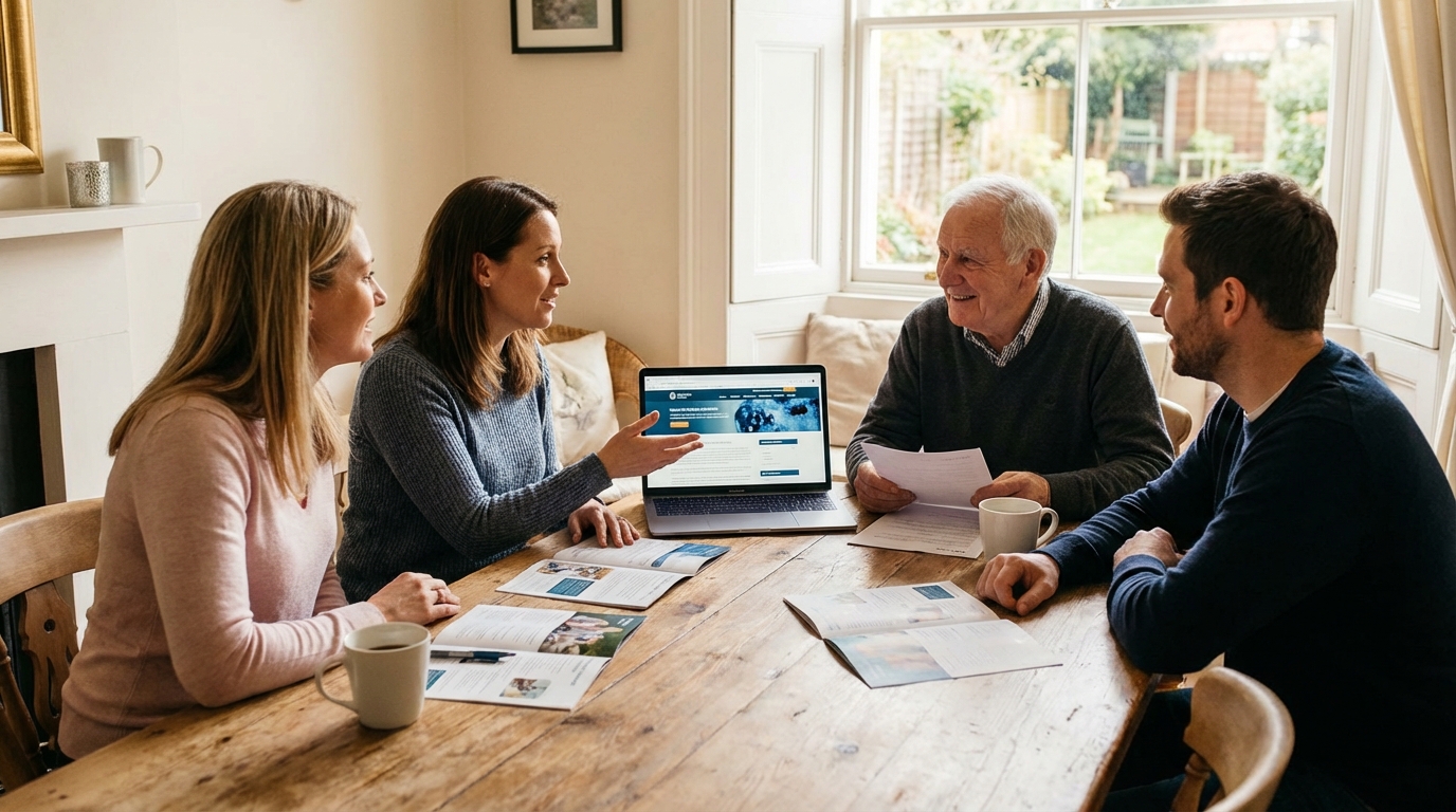 Multi-generational family smiling and looking at a photo album together at a dining table