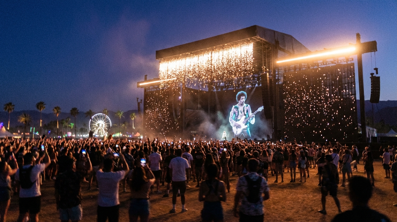 Futuristic main stage at Coachella featuring a massive life-like holographic music performance with lasers and a cheering crowd.