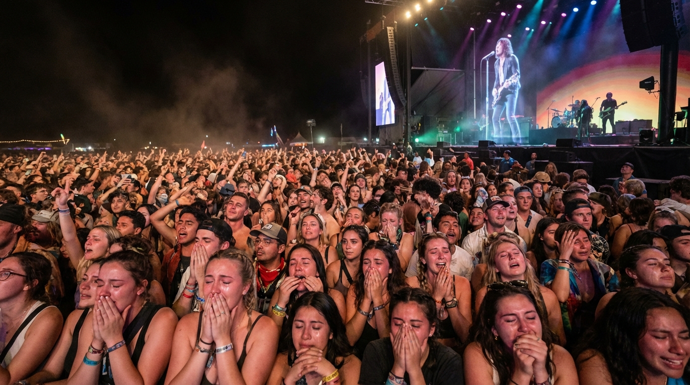 Emotional festival fans crying and smiling while singing along to a moving virtual holographic performance.