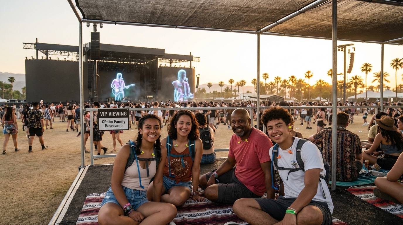 Happy family enjoying a comfortable and safe viewing spot at Coachella music festival during the evening.