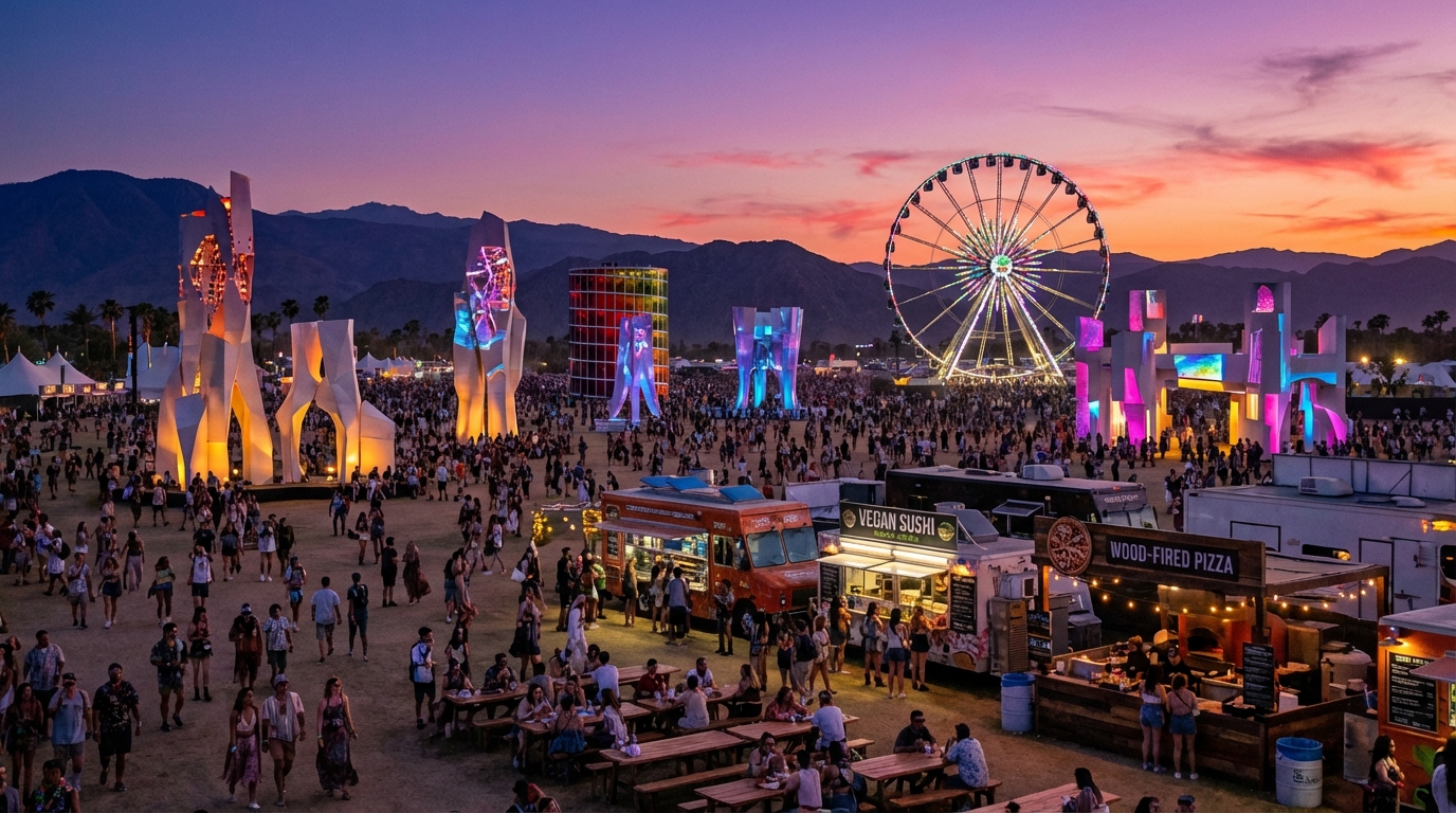 Beautiful panoramic sunset over the Coachella festival grounds featuring a massive Ferris wheel and abstract art installations.