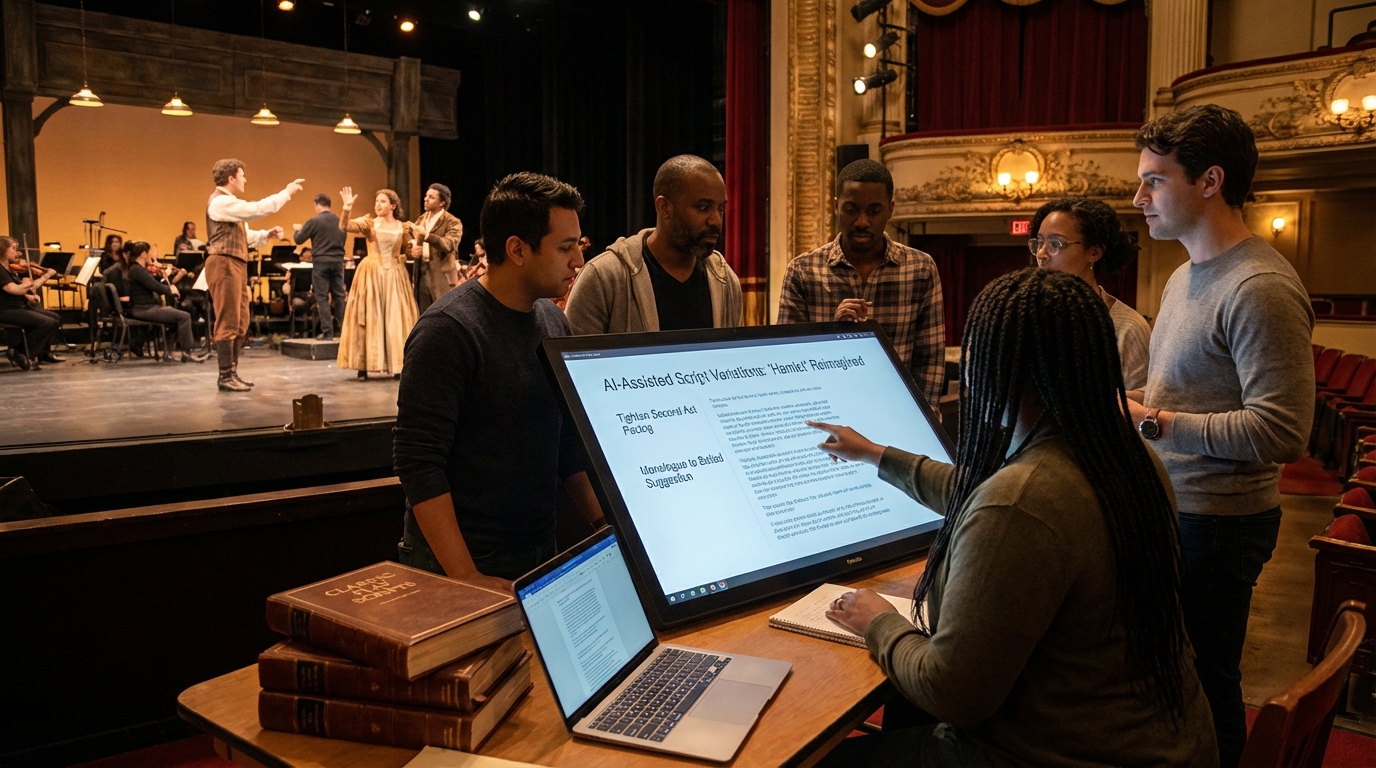 Vintage theatrical script next to a modern laptop displaying glowing code under a theater spotlight