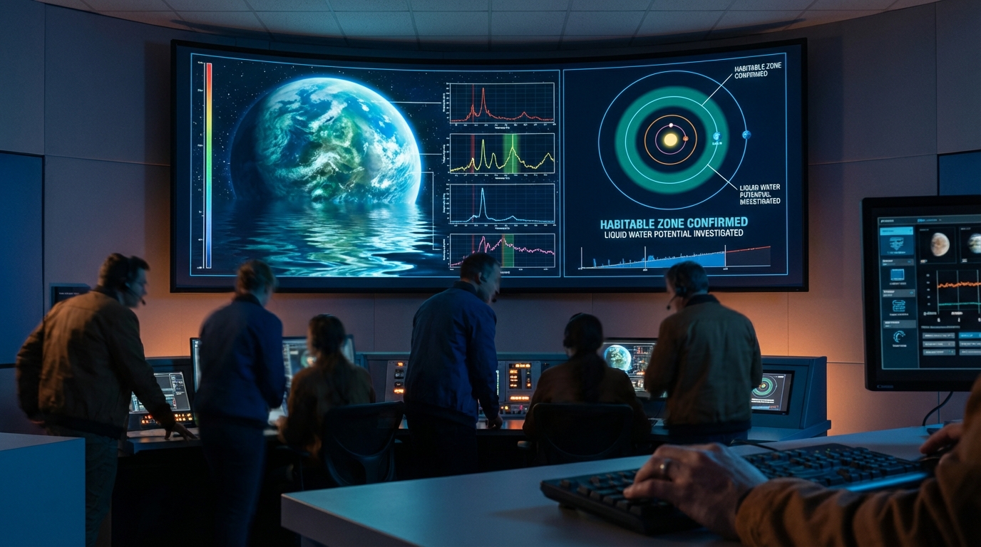 Photorealistic view of a newly discovered Earth-twin exoplanet with blue oceans and white clouds in deep space