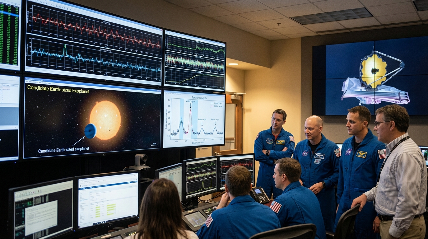 A futuristic gold-plated space telescope orbiting in deep space observing distant star fields