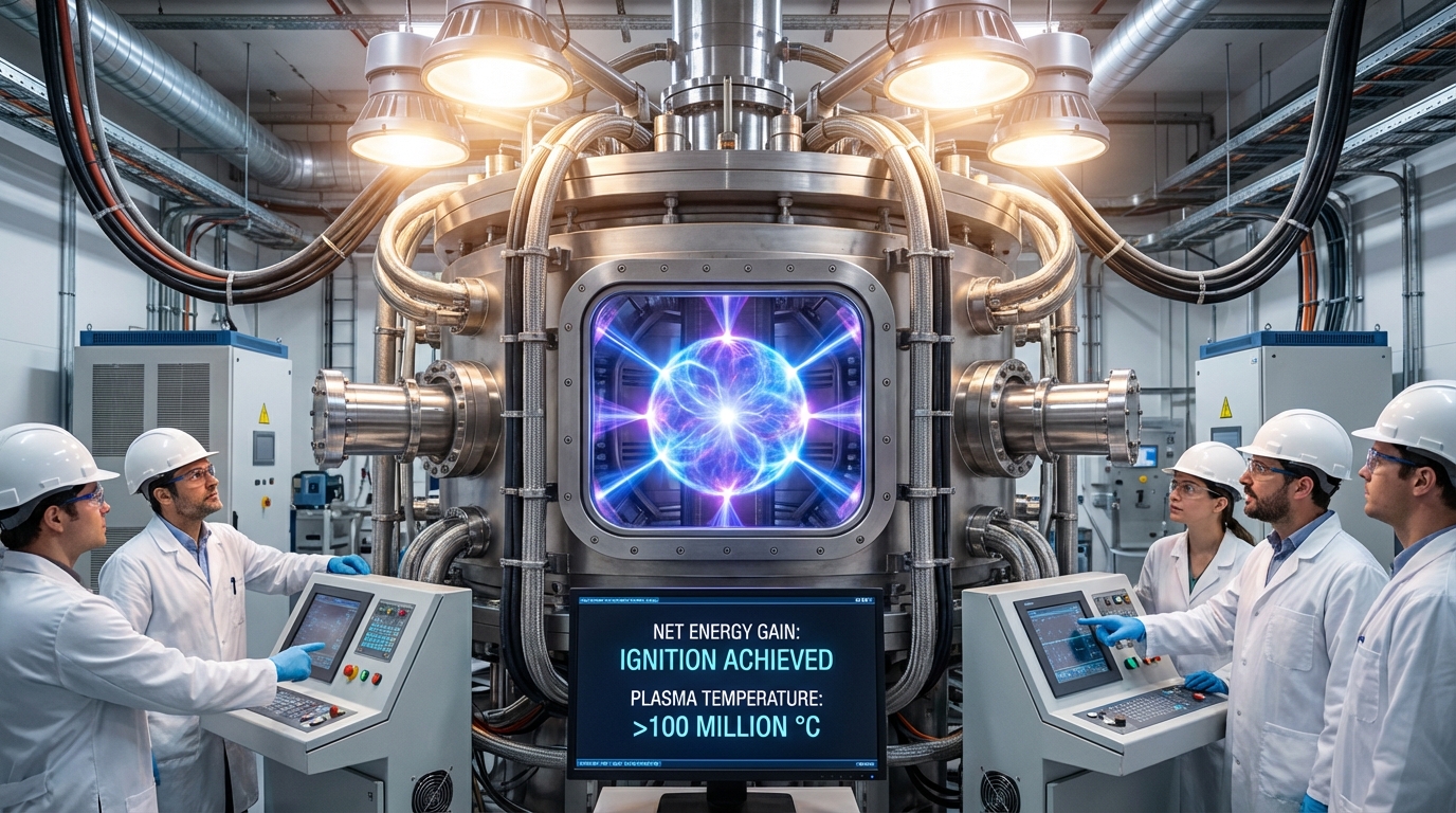 Glowing nuclear fusion reactor core plasma contained by massive magnets