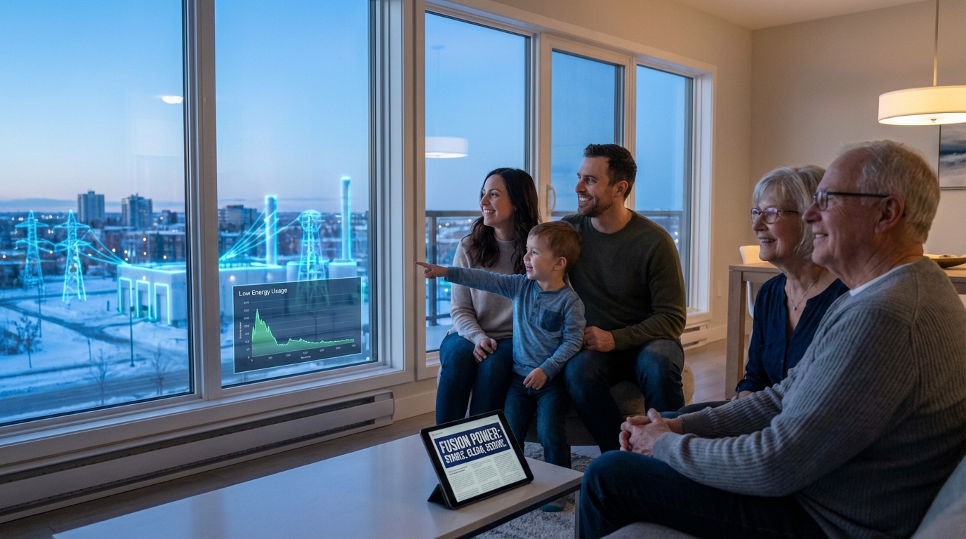 Happy family inside a modern bright home looking at a clean green environment