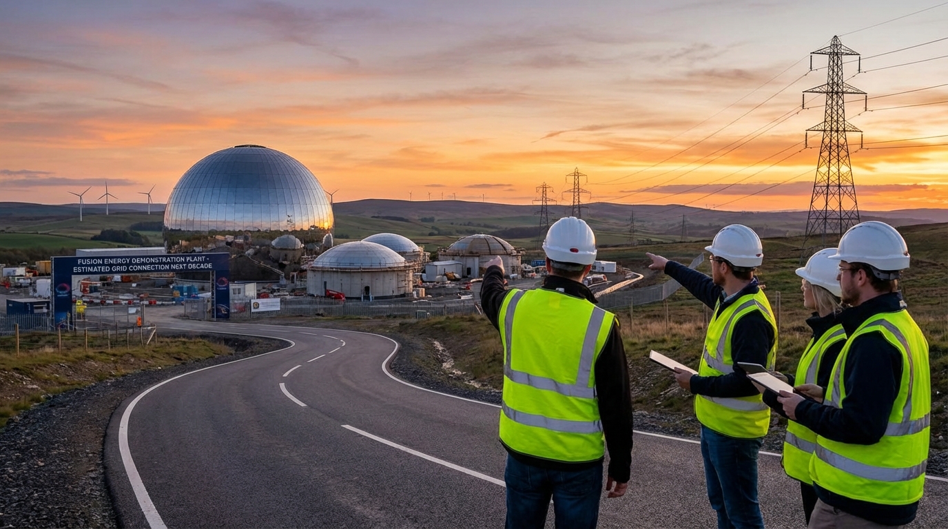 Sleek modern fusion energy plant cleanly integrated onto a beautiful coastline