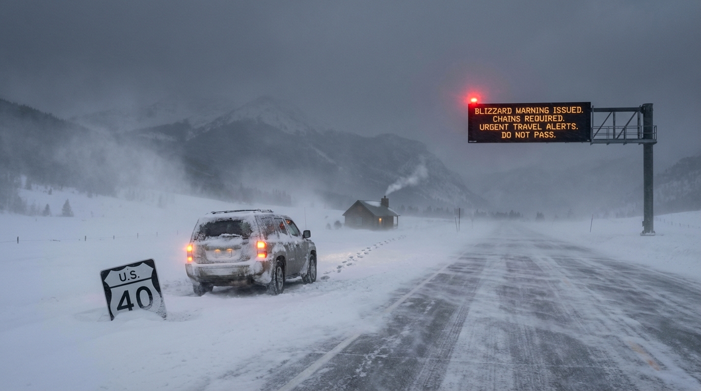 Approaching severe blizzard over a snowy cabin in the Rocky Mountains