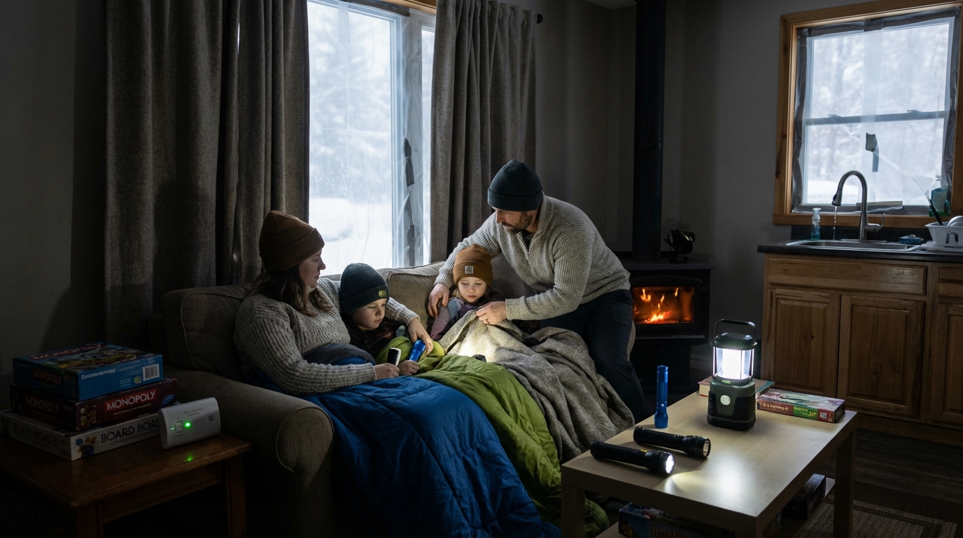 Family staying warm indoors with lanterns during a winter power outage