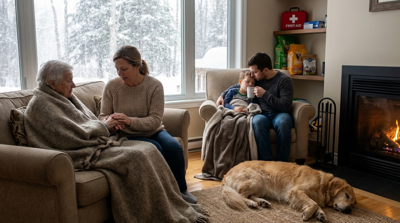 Emergency weather radio and winter survival gear on a table