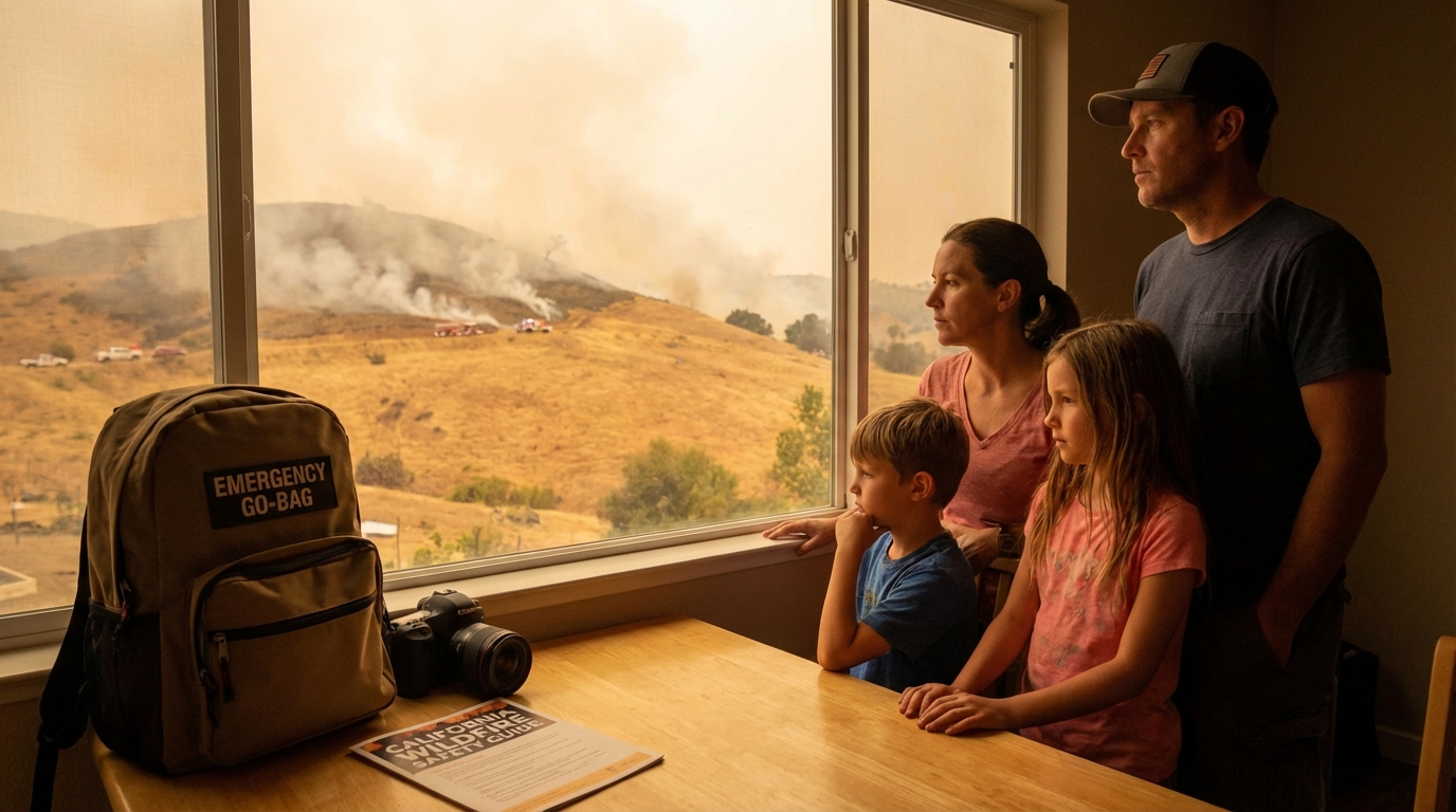 California suburban neighborhood bordering dry golden wildfire brush under heavily bright sun