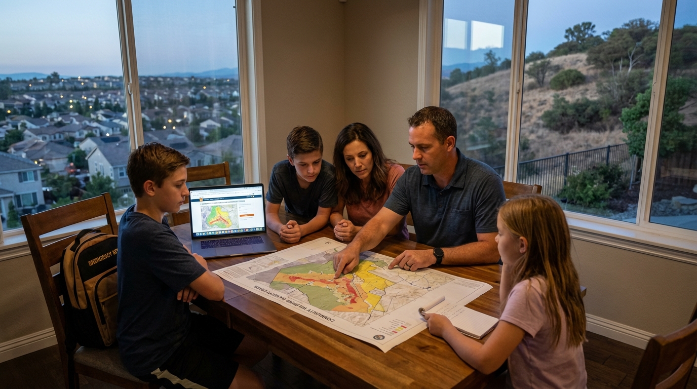 Family looking at a digital wildfire danger map on a tablet in their living room