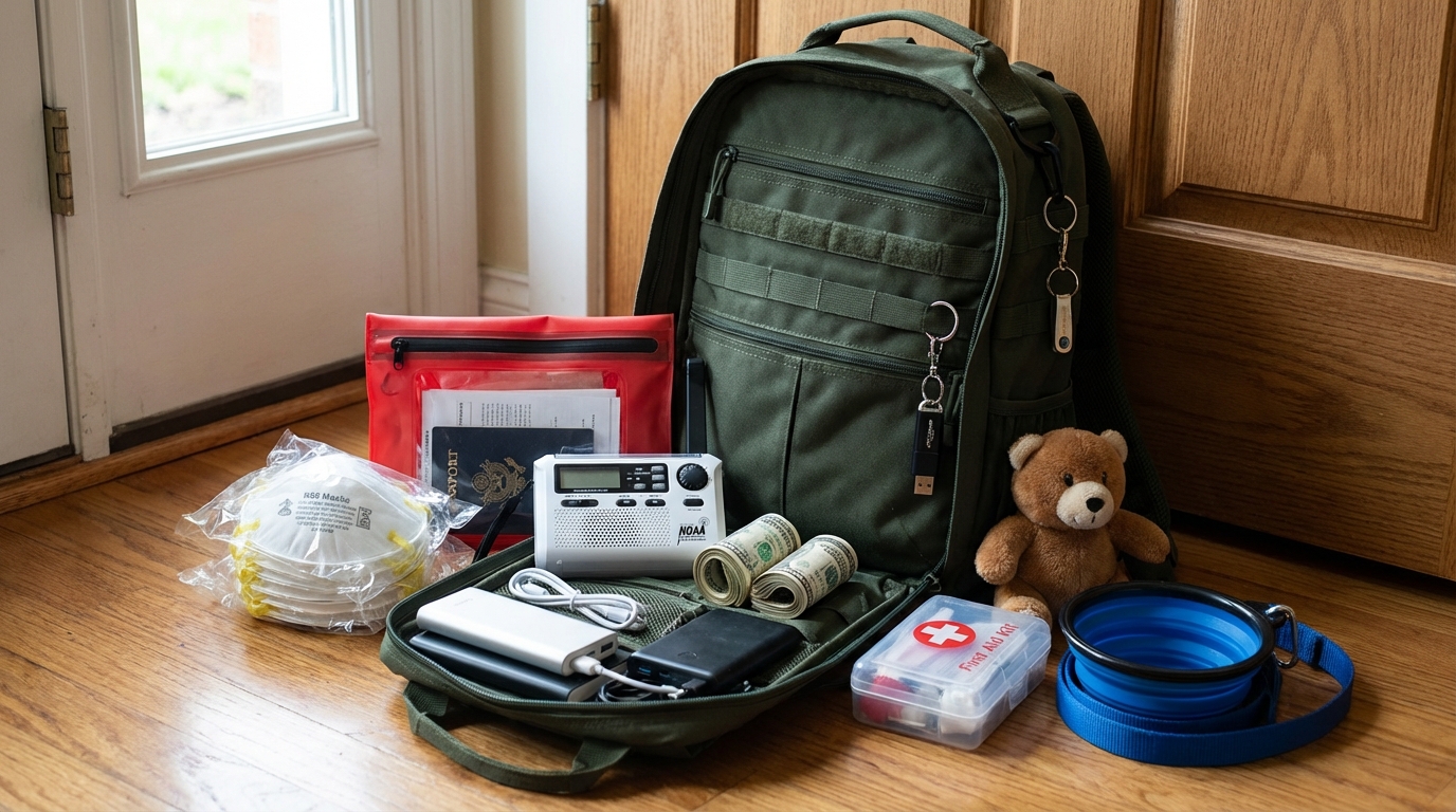 Emergency go bag checklist items neatly laid out on a table including N95 masks water and first aid kit