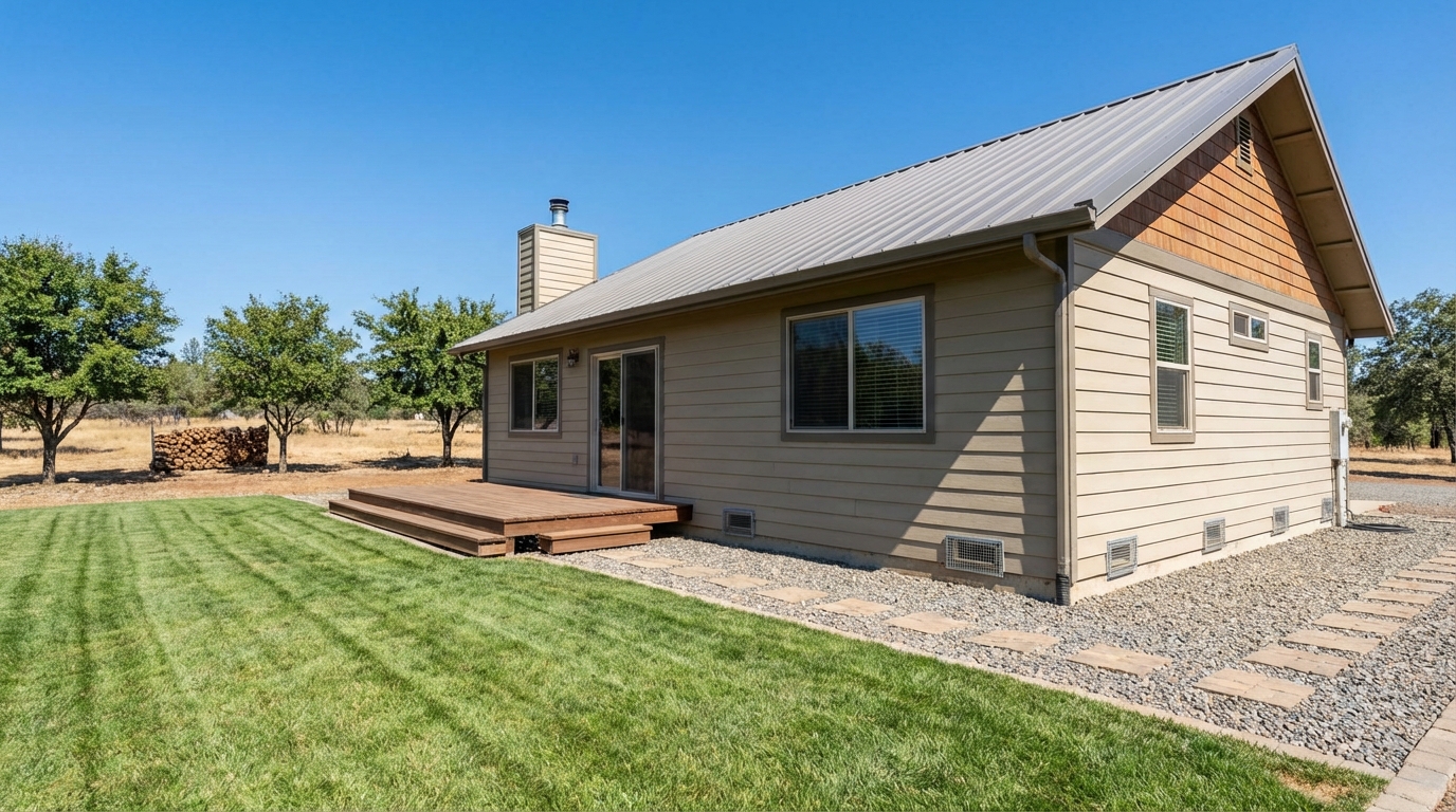 Homeowner clearing dry brush and leaves around their house to create defensible space