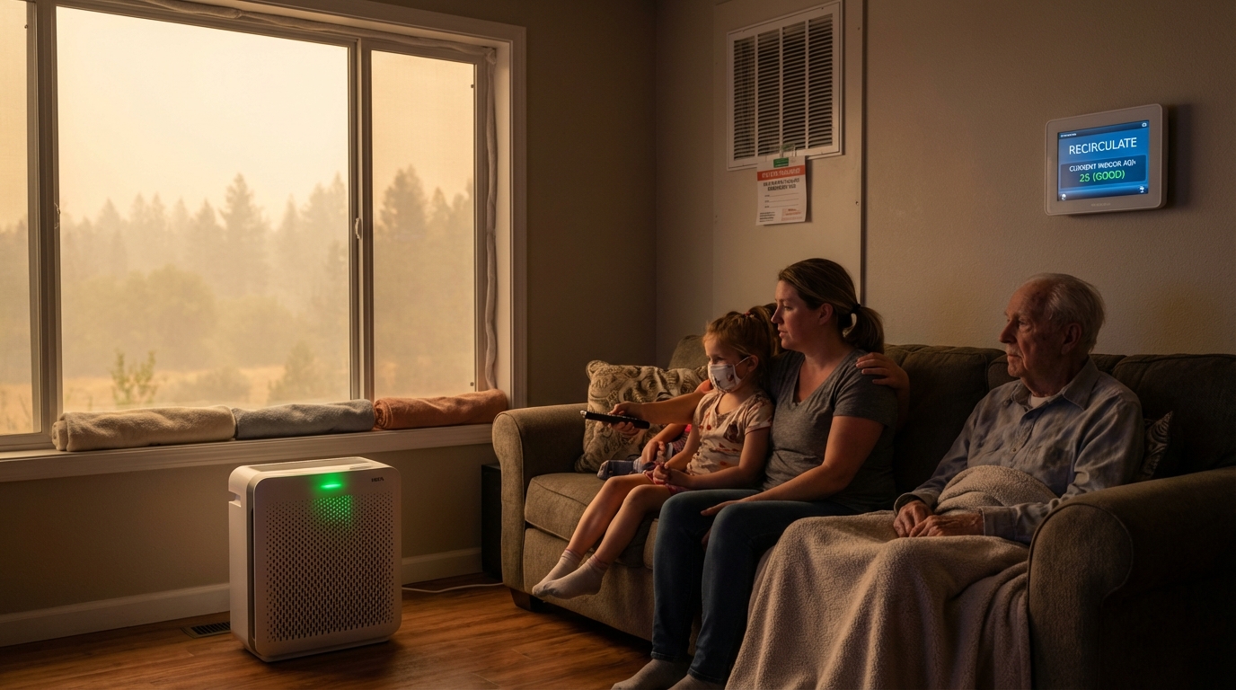 Modern HEPA air purifier running inside a clean bright living room to protect indoor air quality
