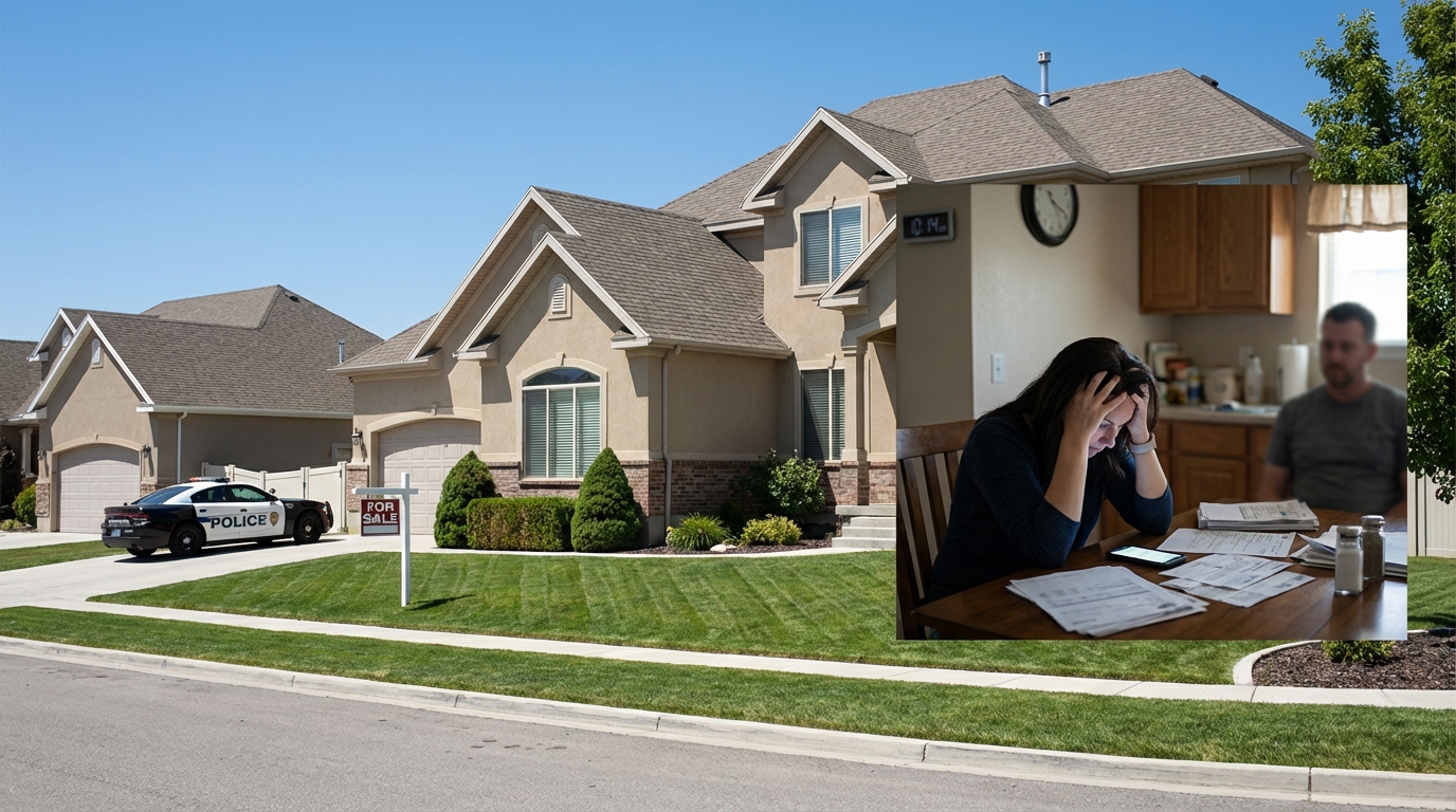 Cinematic shot of a perfectly manicured Utah suburban home at dusk covered in an eerie dark shadow.