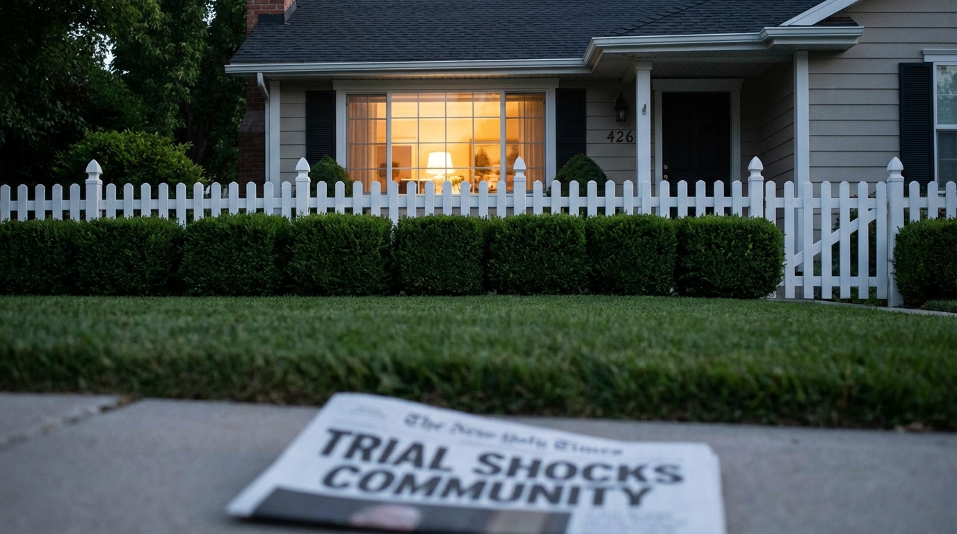 A glowing smartphone showing a perfect family photo resting on a messy table covered in past-due bills.