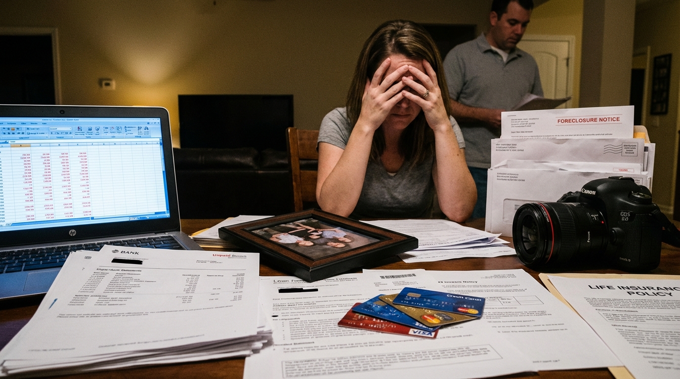 A dark, moody kitchen counter covered in messy financial documents and red past-due bills under moonlight.
