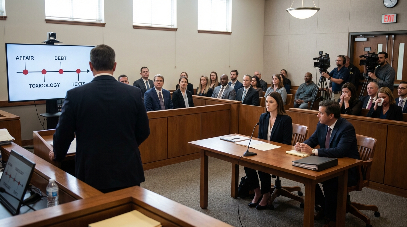 A solemn, dimly lit courtroom focusing on an empty defense chair and a judge's gavel.