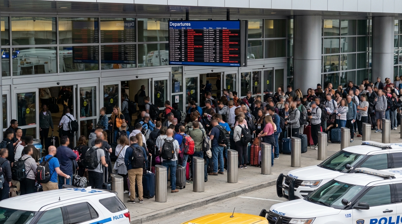 Frustrated travelers in a crowded American airport looking at a red delayed flight departure board due to TSA staffing shortage