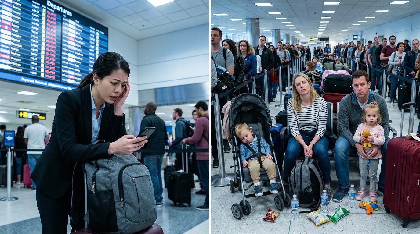 Parents comforting a child in a busy airport terminal emphasizing the emotional impact of long travel delays