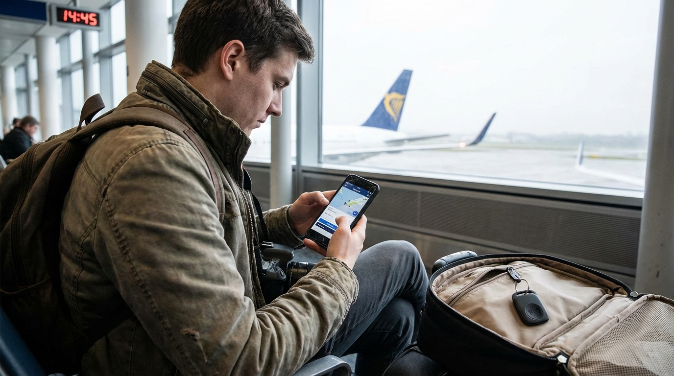 Traveler holding a smartphone with flight tracking app in an airport with a carry-on bag
