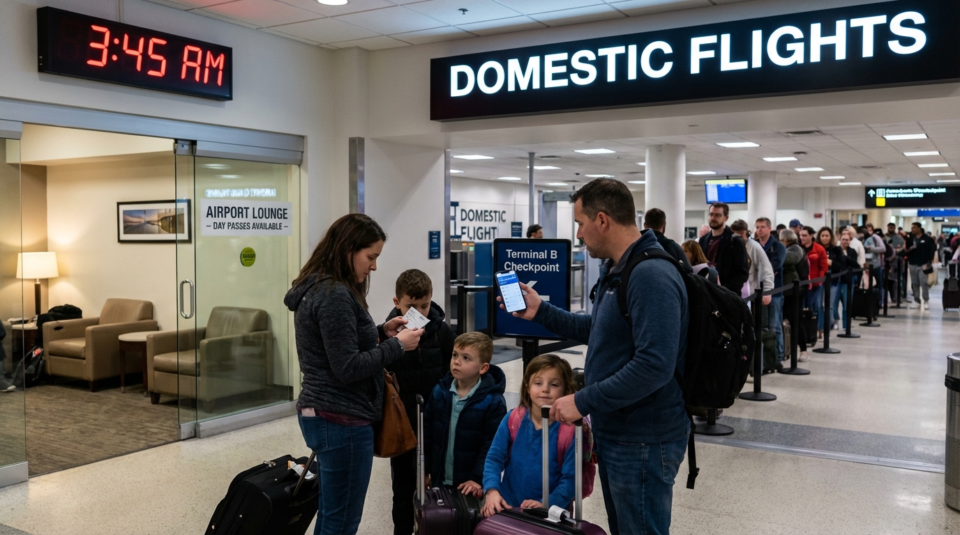 Confident traveler bypassing a massive airport security line to enter an exclusive lounge or expedited lane