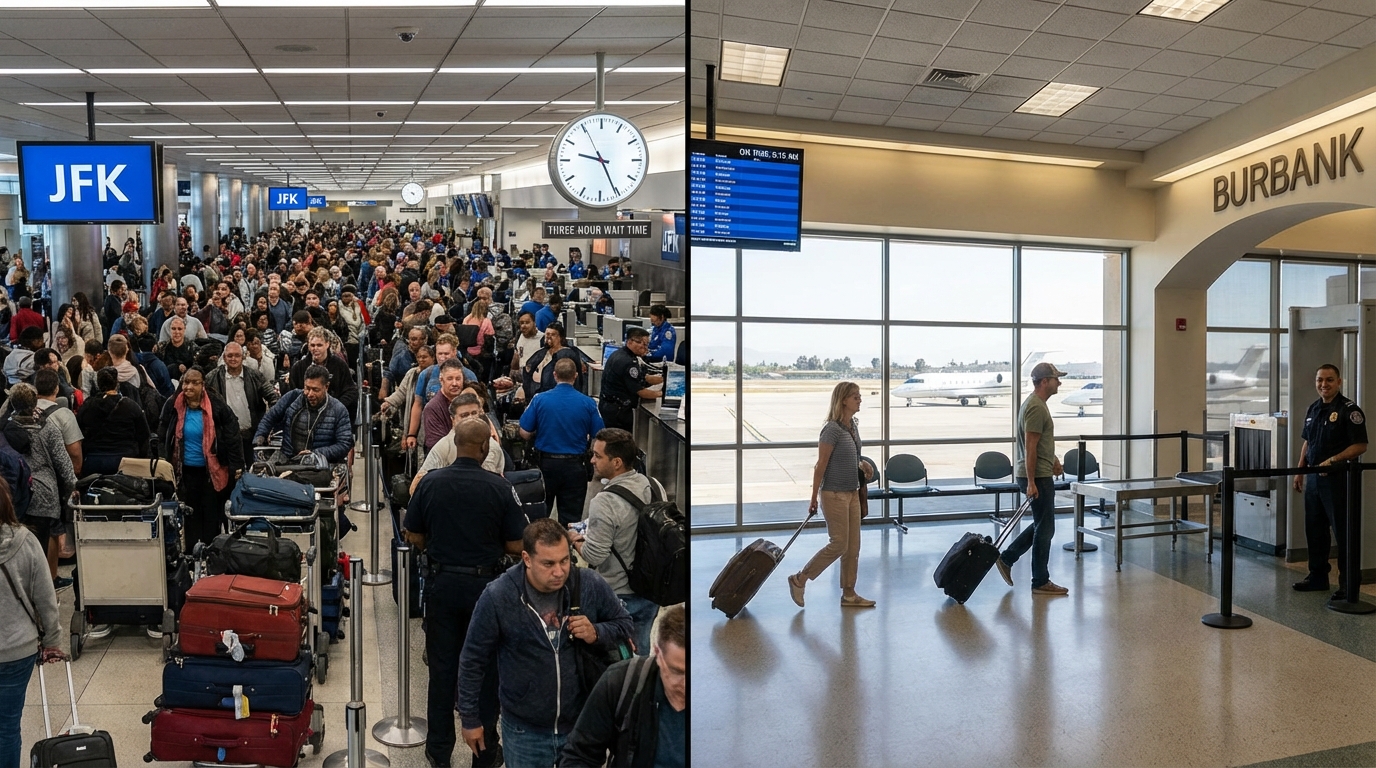 Aerial view of a calm and quiet regional airport representing a stress-free alternative to major travel hubs