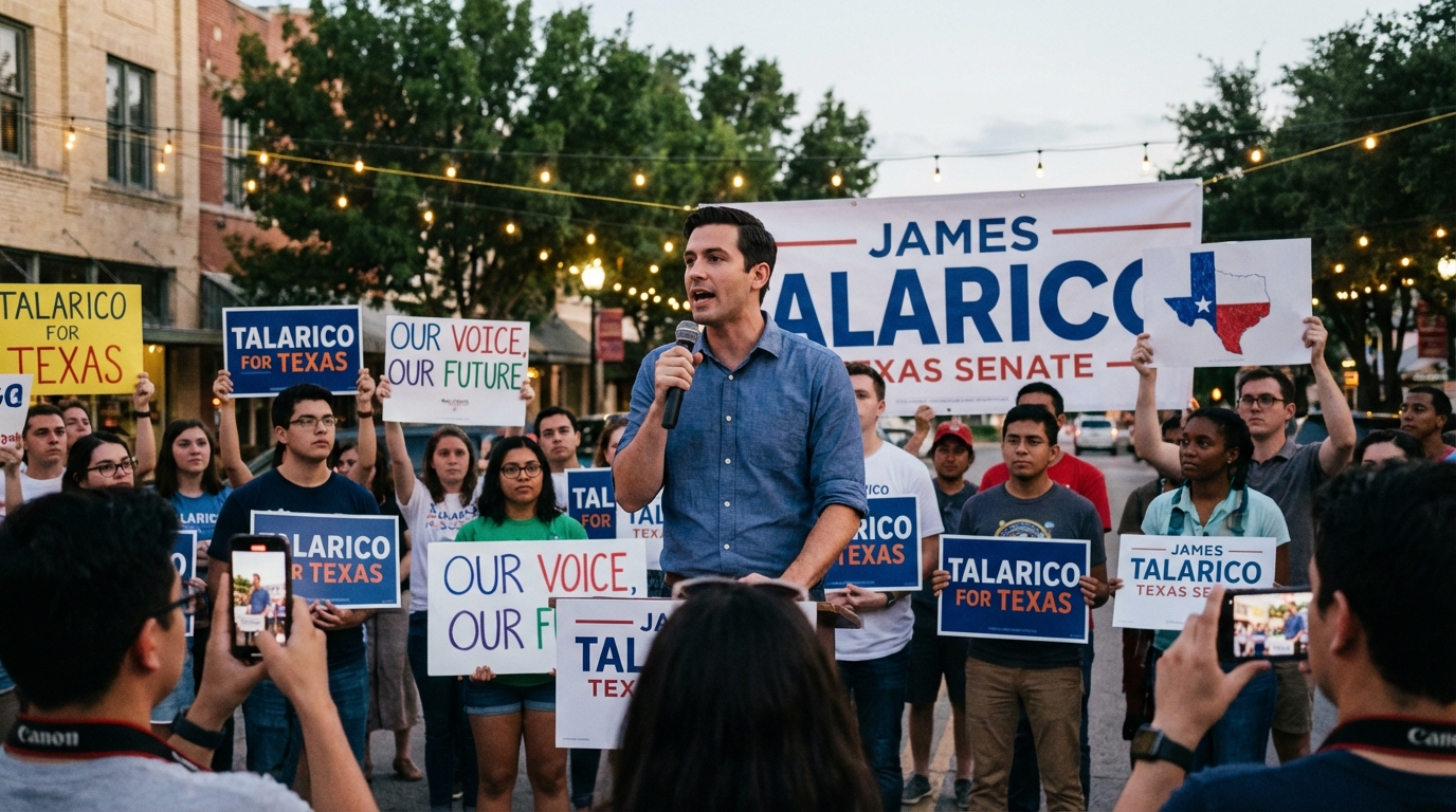 James Talarico passionately speaking to a diverse crowd at a Texas political rally during golden hour.