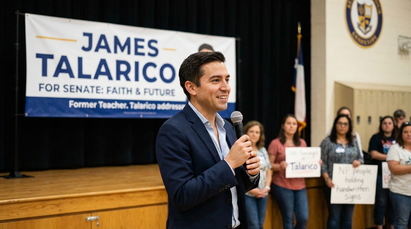 James Talarico passionately debating at a wooden podium inside the Texas state legislative chamber.