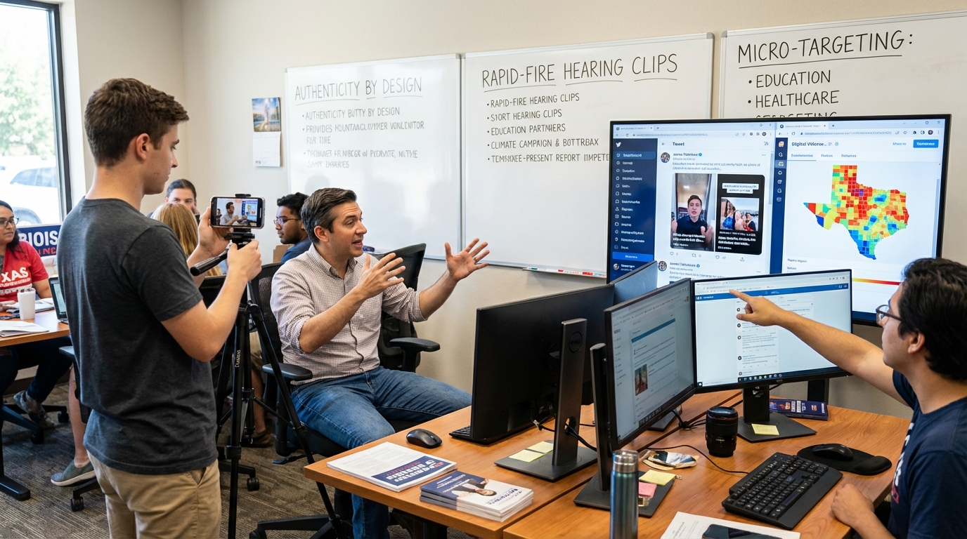 Campaign strategist holding a smartphone displaying a viral political video inside a busy campaign headquarters.