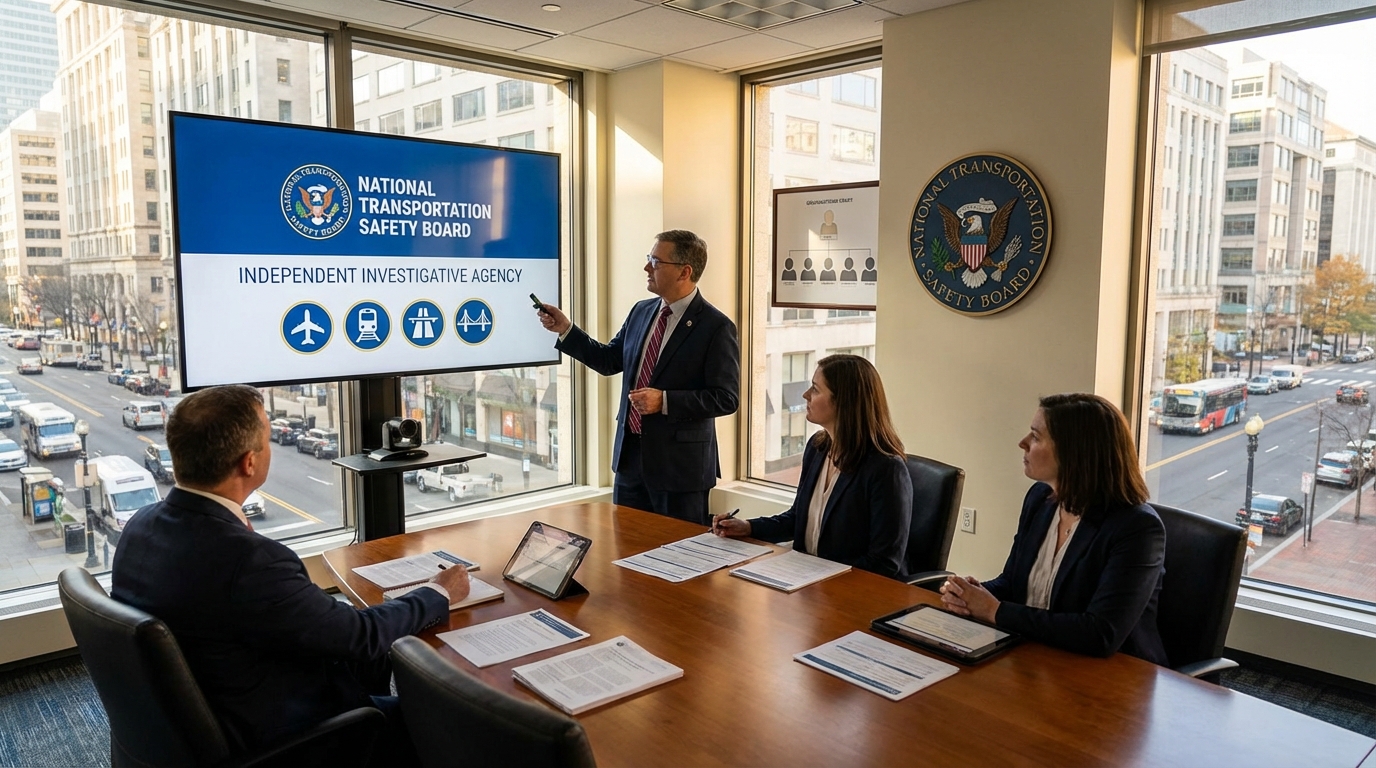 Transportation safety investigators in yellow jackets inspecting a crash site