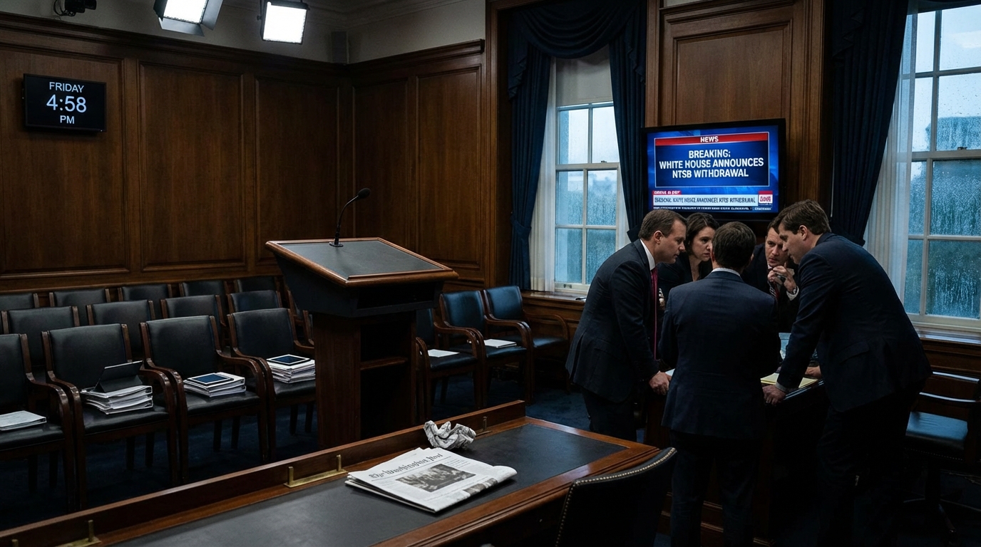 Tense political boardroom scene depicting a government official packing up documents